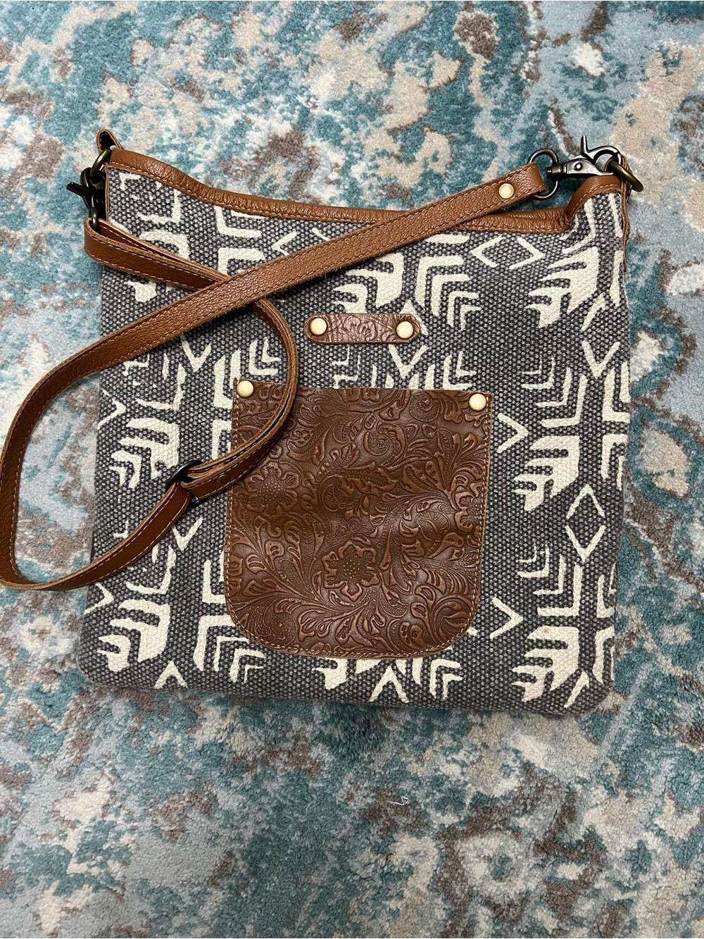 Myra Bag Black and Cream Patterned Crossbody with Brown Tooled Leather Pocket